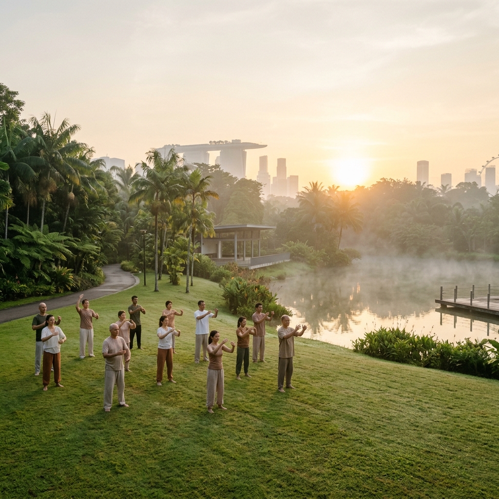 Serene morning Qi Gong in park